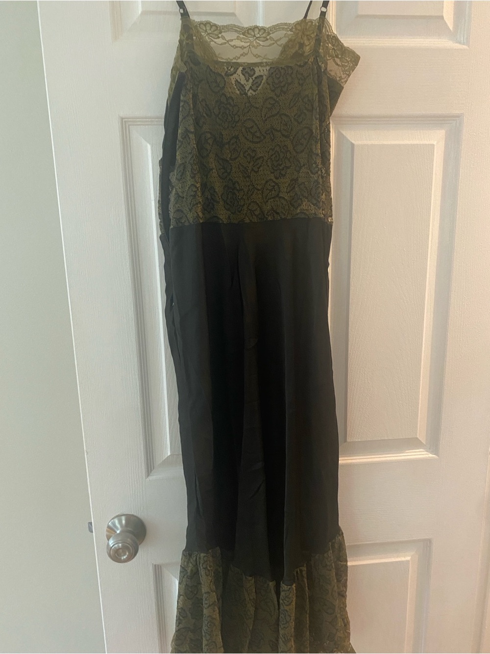 Chasing Unicorns Black Slip Dress with Olive Lace Trim - Picture 3 of 3